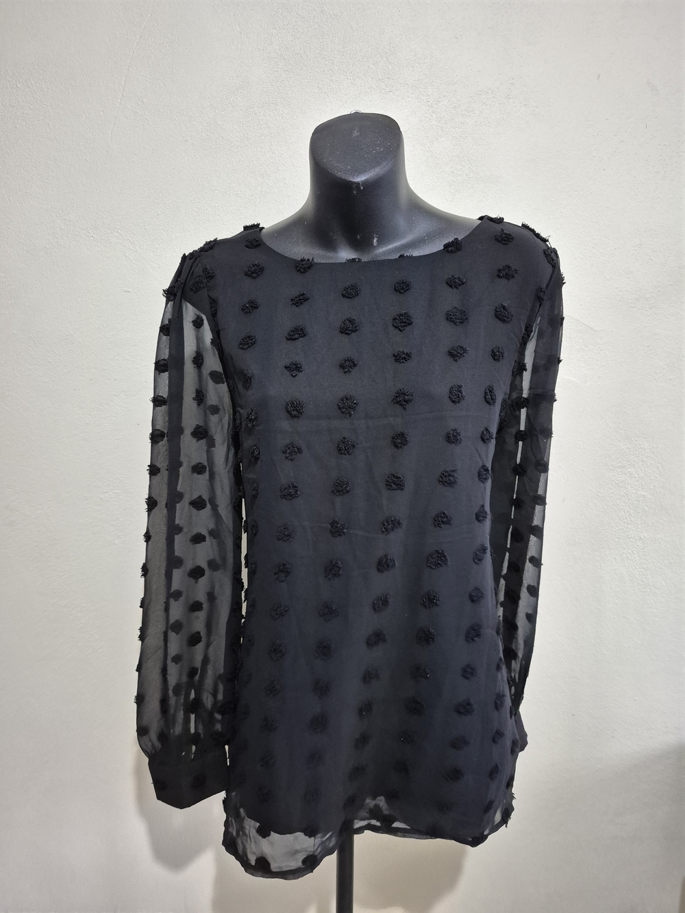 Sheer Black Pom-Pom Detail Long-Sleeve Blouse
